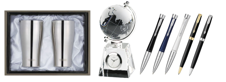 ノベルティ(周年記念品)例:真空断熱タンブラー、グローブクロック、高級筆記具など