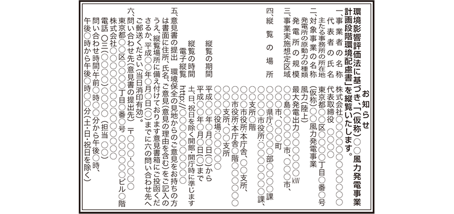 風力発電事業　計画段階環境配慮書の縦覧公告（新聞広告）