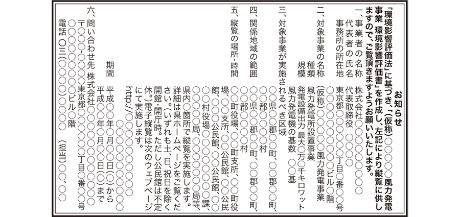 風力発電事業　環境影響評価書の縦覧公告（新聞広告）