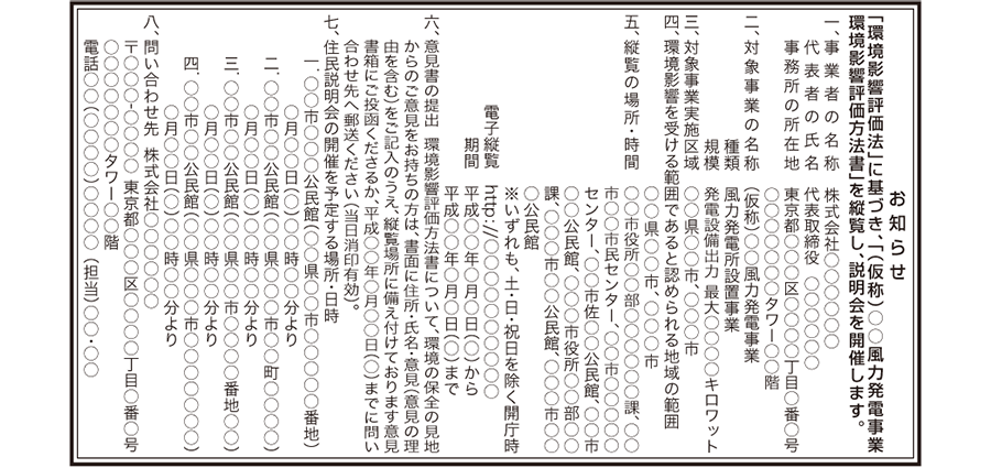 風力発電事業　環境影響評価方法書の縦覧公告・説明会告知（新聞広告）