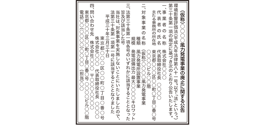 風力発電事業の廃止公告（新聞広告）