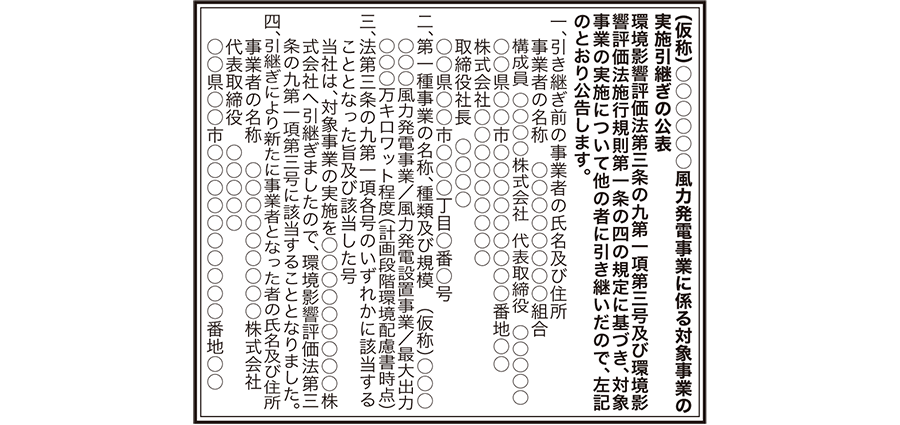 風力発電事業に関わる対象事業の実施引継ぎの公告（新聞広告）