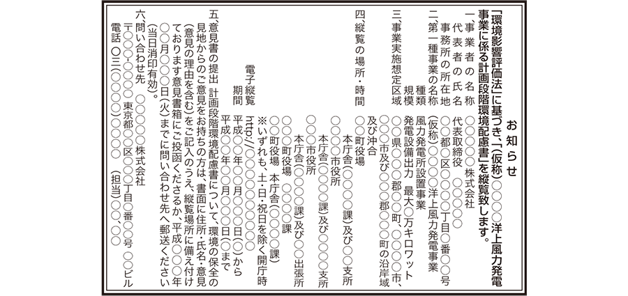 洋上風力発電事業　計画段階環境配慮書の縦覧公告（新聞広告）