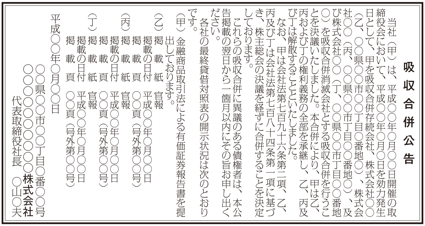 吸収合併公告の法定公告（新聞広告）