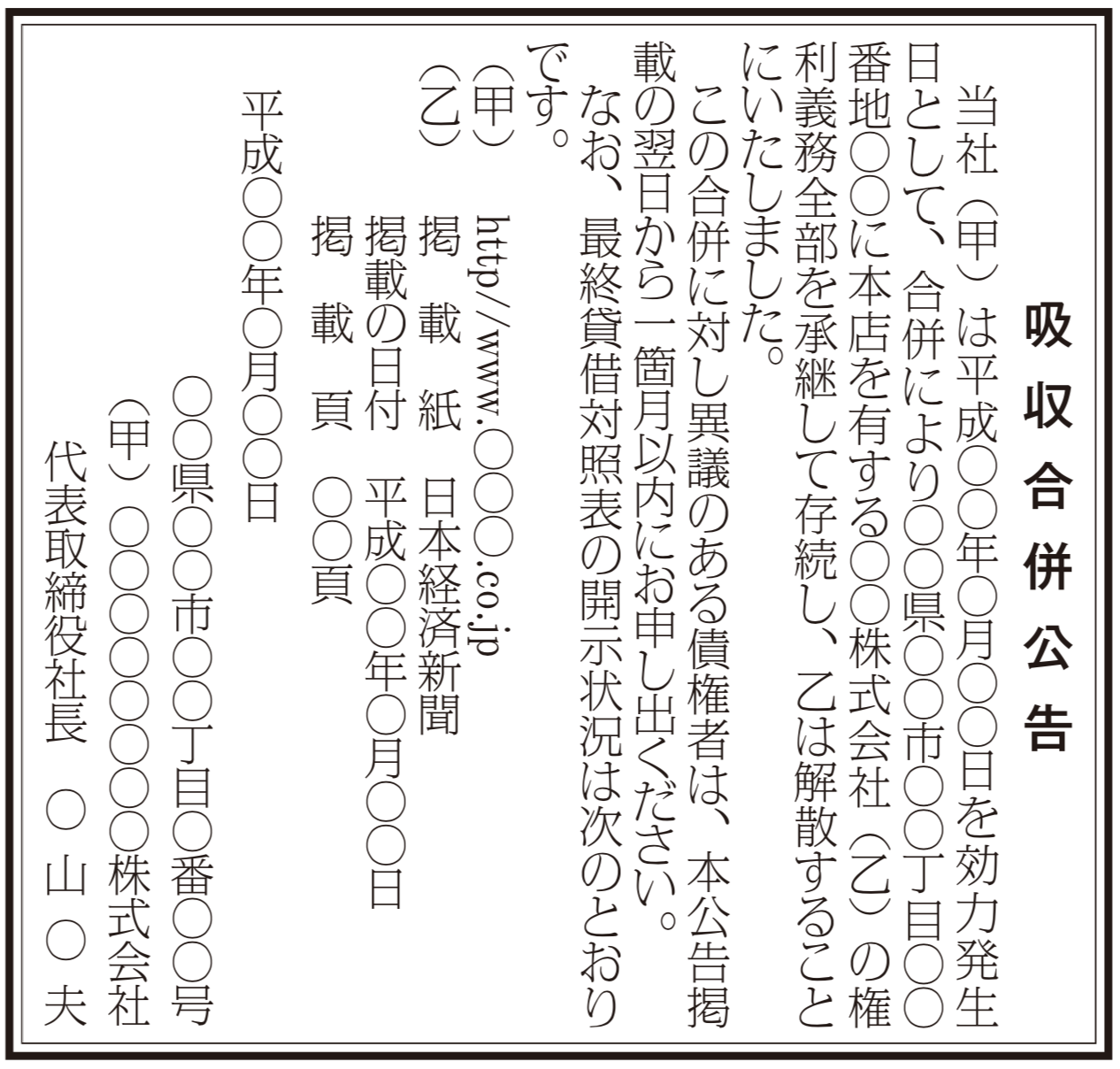 吸収合併公告の法定公告（新聞広告）