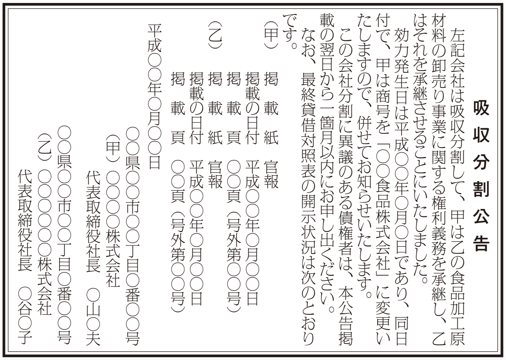 吸収分割公告の法定公告（新聞広告）