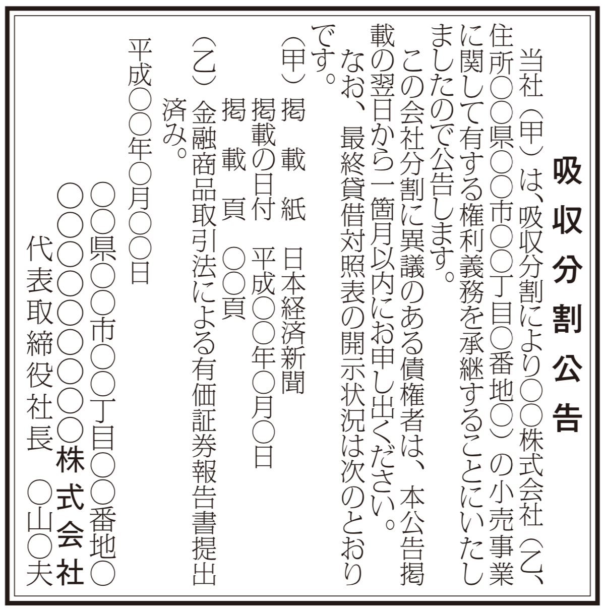 吸収分割公告の法定公告（新聞広告）