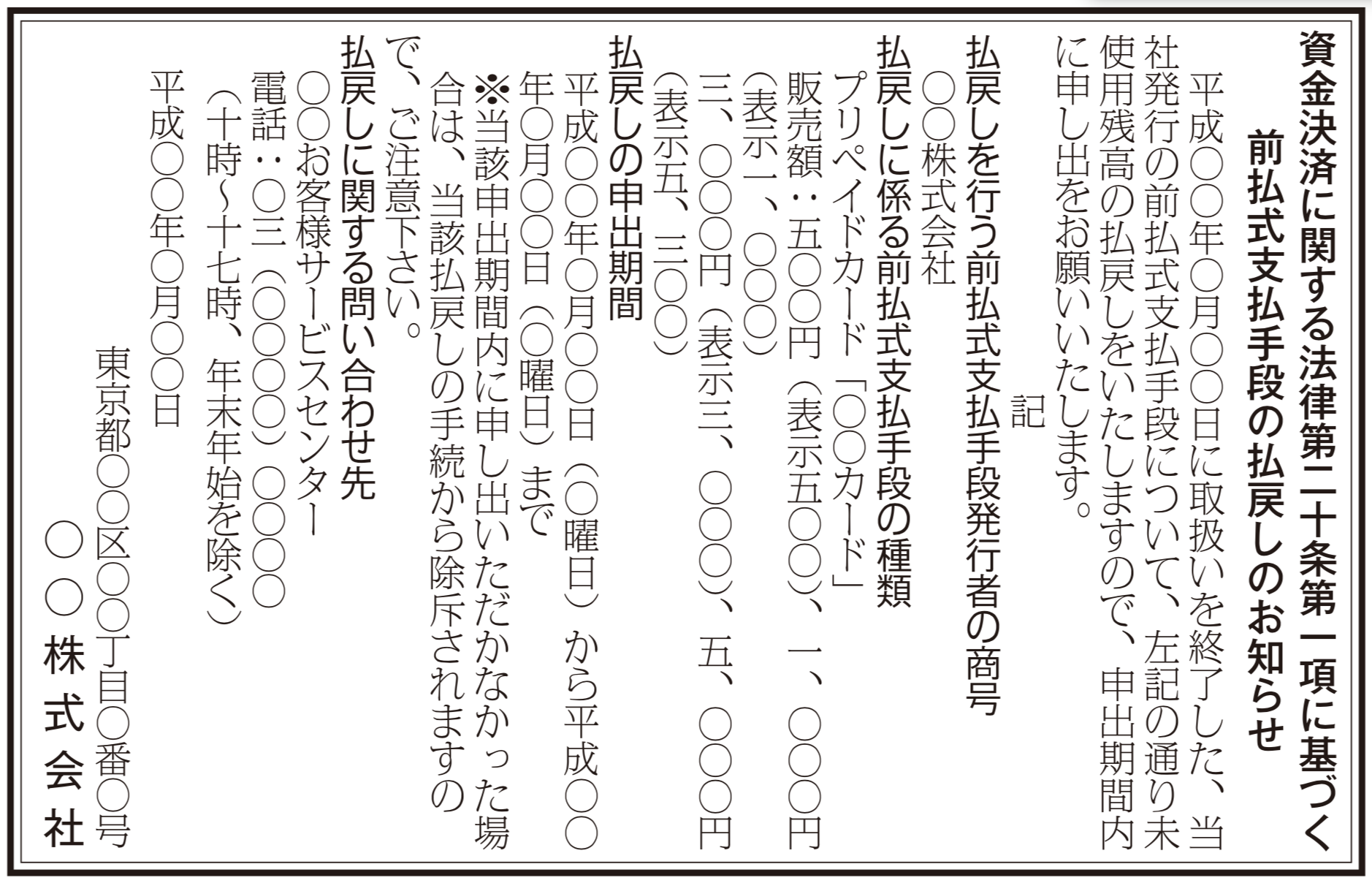 資金決済法公告の法定公告（新聞広告）