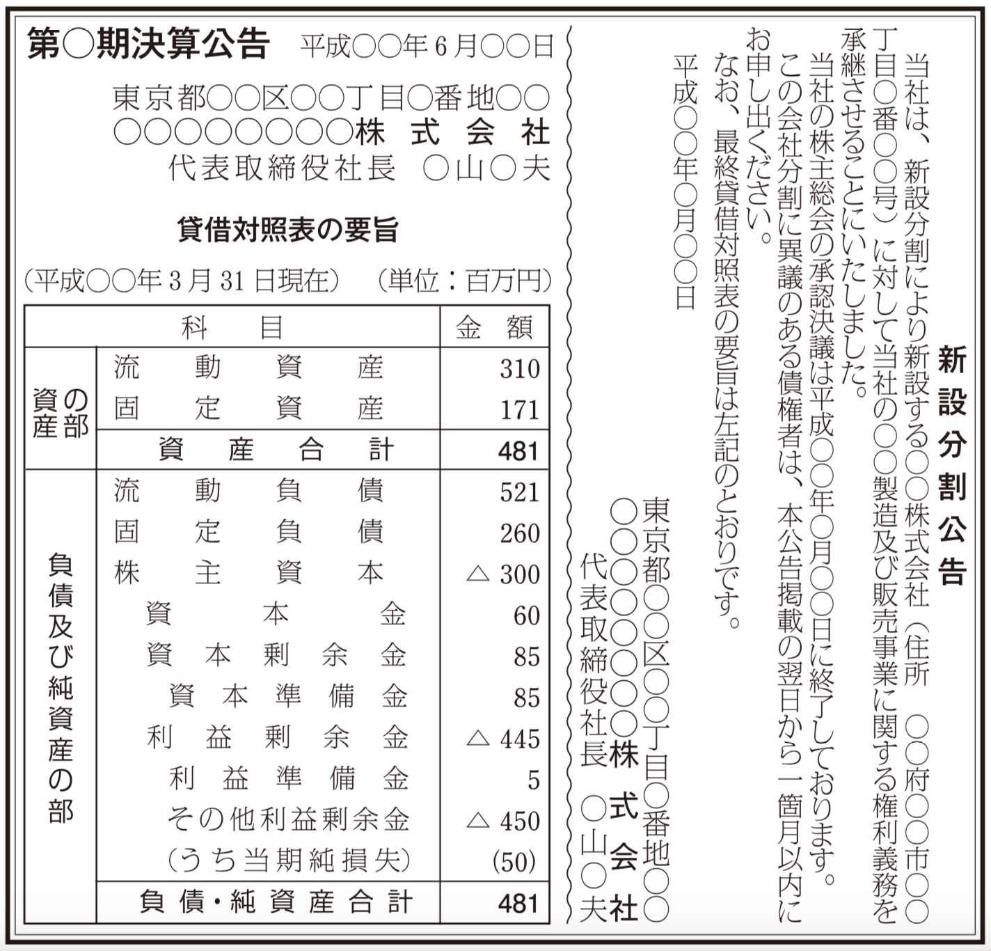 決算＋新設分割公告の法定公告（新聞広告）